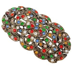 Vintage 1930s Art Deco Multicolor Rhinestone Old Pot Metal Brooch Pin Openwork